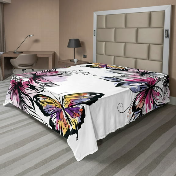 Ambesonne Floral Flat Sheet, Blooms Botany Colorful, Full Size, Multicolor