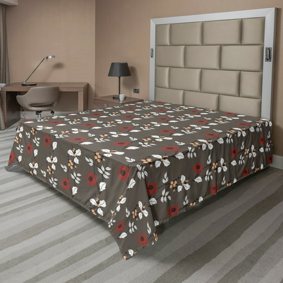 Ambesonne Floral Flat Sheet, Blooms Leaves Branches, Queen Size, White Peach Taupe