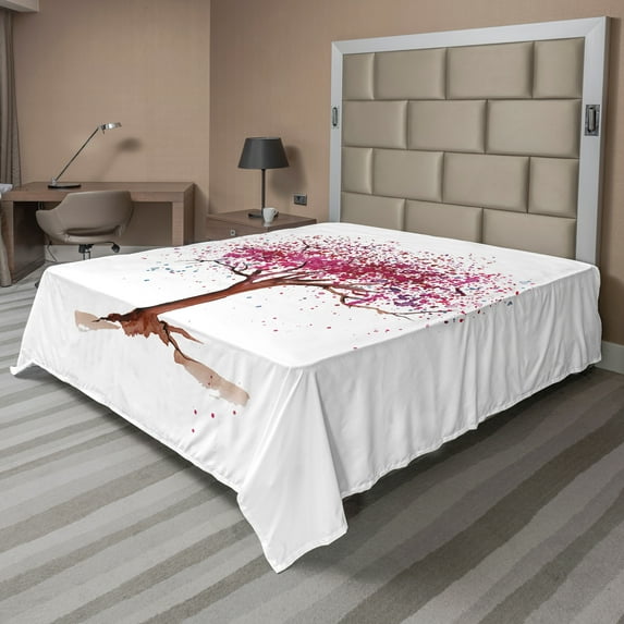 Ambesonne Floral Flat Sheet, Blossom Buds Sakura Tree, King Size, Magenta Redwood