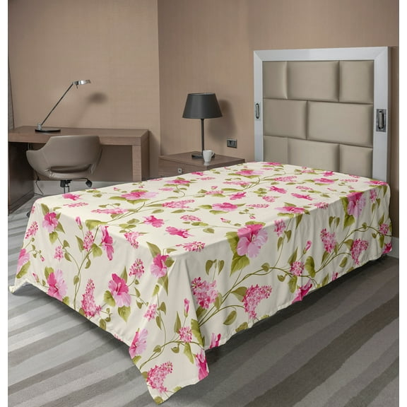 Ambesonne Floral Flat Sheet, Blossoming Garden Art, TwinXL Size, Eggshell Pink and Green