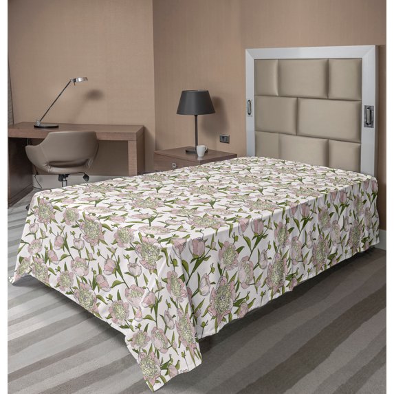 Ambesonne Floral Flat Sheet, Blossoming Peony Pattern, TwinXL Size, Rose Khaki