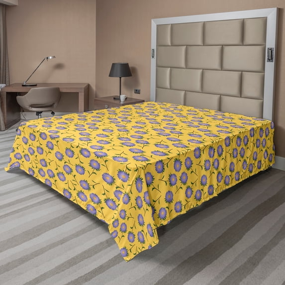 Ambesonne Floral Flat Sheet, Blossoming Spring Plantation, California King, Blue Violet and Mustard