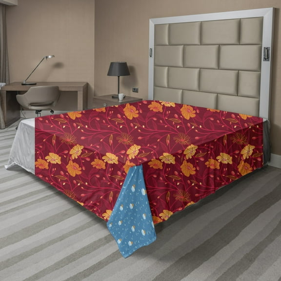 Ambesonne Floral Flat Sheet, Blossoming Twigs Buds, King Size, Maroon Hot Pink Marigold