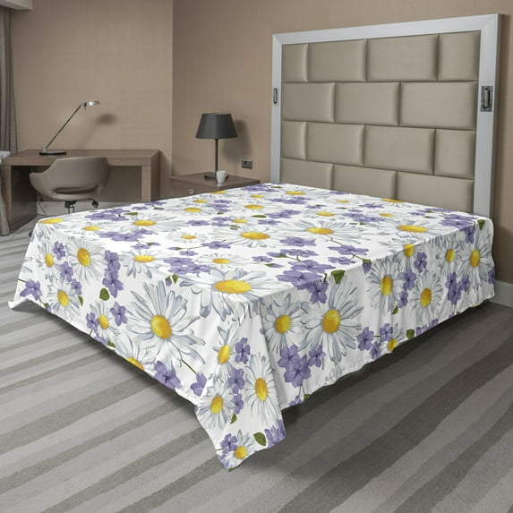Ambesonne Floral Flat Sheet, Blossoming Wild Flowers, Queen Size, White Yellow Purple