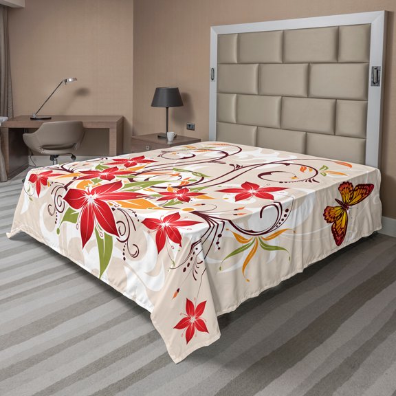 Ambesonne Floral Flat Sheet, Blossoms Bouquet Botany, California King, Beige Green Red