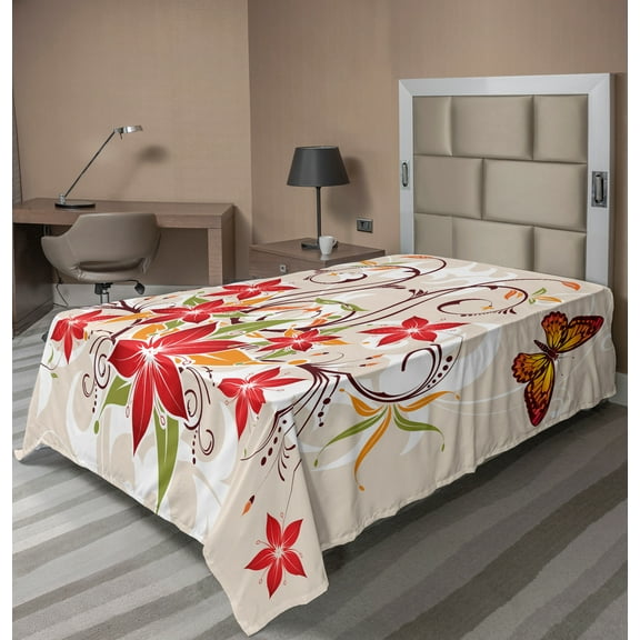 Ambesonne Floral Flat Sheet, Blossoms Bouquet Botany, Twin Size, Beige Green Red