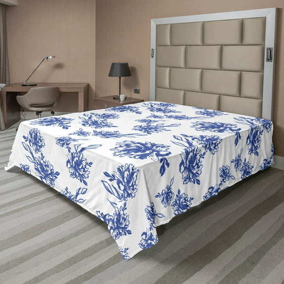 Ambesonne Floral Flat Sheet, Blue Peonies Blossom Art, Full Size, Violet Blue White