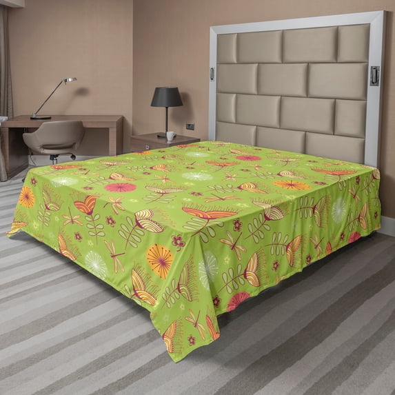 Ambesonne Floral Flat Sheet, Bluebell Flowers, California King, Green Pink