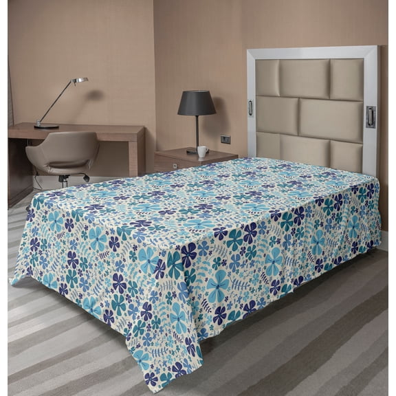Ambesonne Floral Flat Sheet, Bluish Flowers and Branches, TwinXL Size, Blue