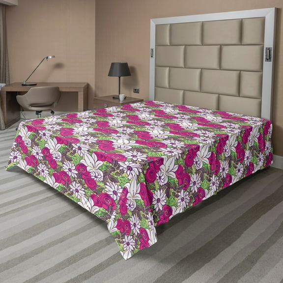 Ambesonne Floral Flat Sheet, Bold Roses Lilies Chamomiles, King Size, Magenta Purple
