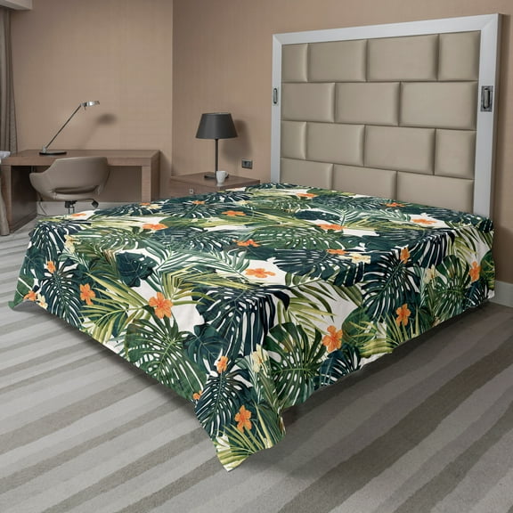 Ambesonne Floral Flat Sheet, Botanic Tropic Leaves, Queen Size, Green and White