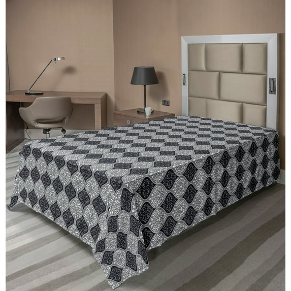 Ambesonne Floral Flat Sheet, Botanical Abstract Damask, TwinXL Size, Purpleblue Blue Grey