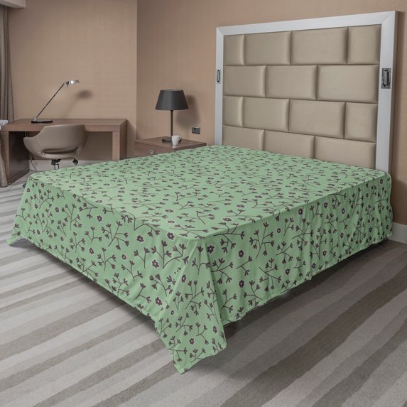 Ambesonne Floral Flat Sheet, Botanical Elements Flowers, California King, Peacock Green Eggplant