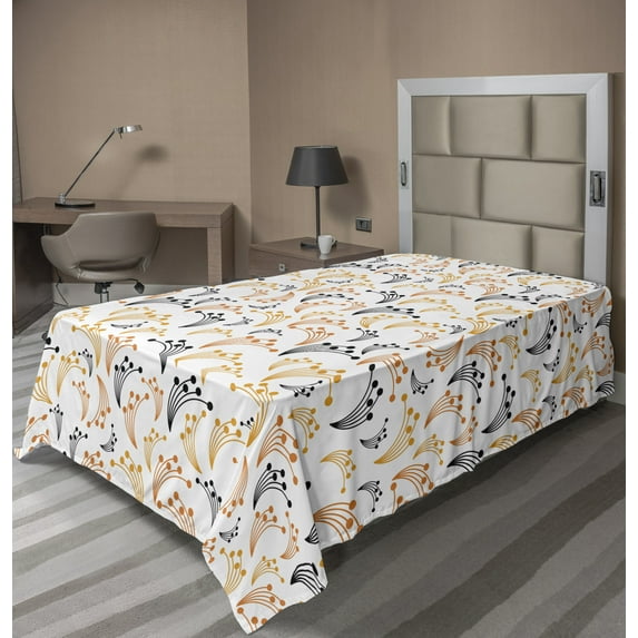 Ambesonne Floral Flat Sheet, Botanical Scenic Nature, Twin Size, Orange Black White