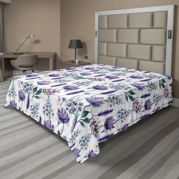 Ambesonne Floral Flat Sheet, Botany Plants Watercolor, Full Size, Lavender Plum Jade Green