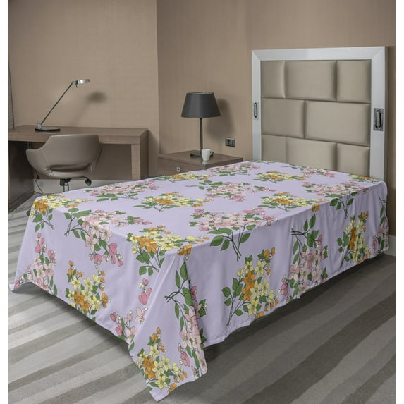 Ambesonne Floral Flat Sheet, Bouquet of Flowers Style, TwinXL Size, Pastel Purple Multicolor