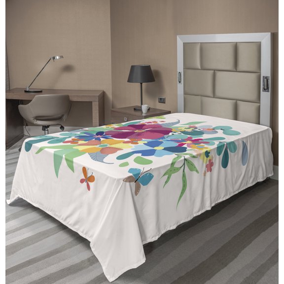 Ambesonne Floral Flat Sheet, Bouquetnd Butterflies, TwinXL Size, Multicolor