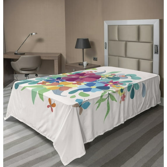 Ambesonne Floral Flat Sheet, Bouquetnd Butterflies, TwinXL Size, Multicolor