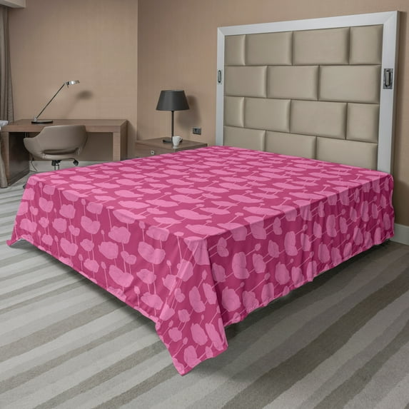 Ambesonne Floral Flat Sheet, Budding Flower Silhouettes, Queen Size, Pink Dark Magenta
