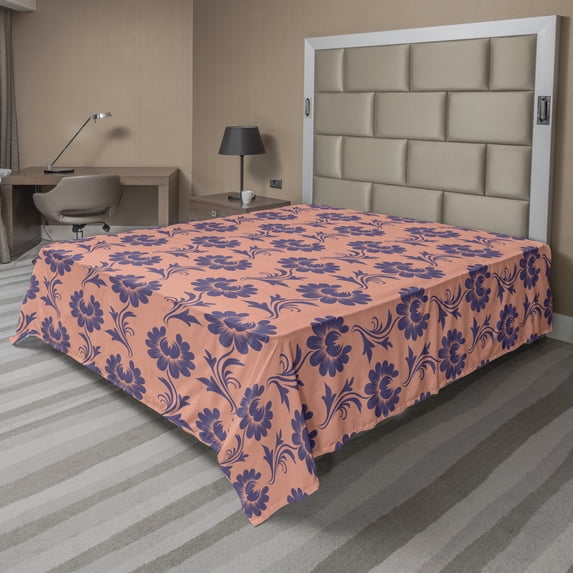Ambesonne Floral Flat Sheet, Budding Flowers Peach Tone, California King, Dark Indigo and Salmon