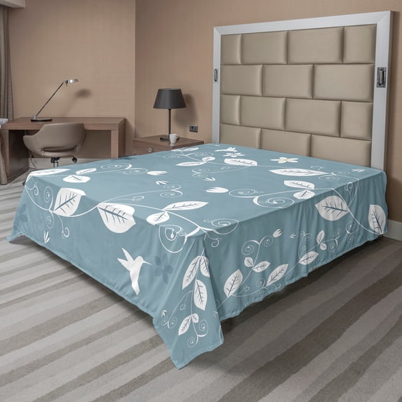 Ambesonne Floral Flat Sheet, Buds Blossoms Leaves Ivy, Queen Size, Slate Blue White