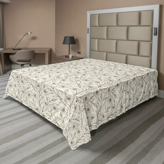 Ambesonne Floral Flat Sheet, Buds Flower Petals Branches, Full Size, Dark Rosewood Pale Tan