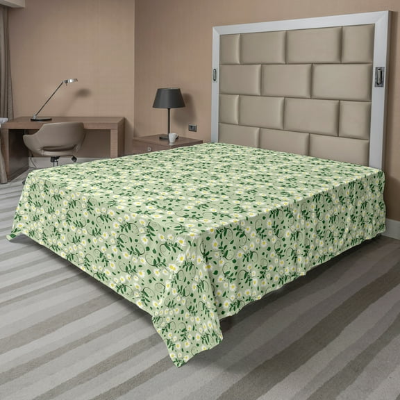 Ambesonne Floral Flat Sheet, Burgeoning Daisies Leaves, California King, Green Green