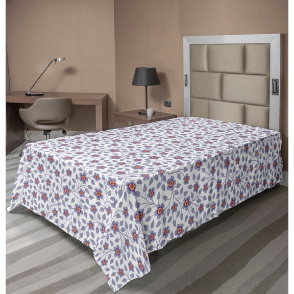 Ambesonne Floral Flat Sheet, Burgeoning Spring Flowers, Twin Size, Ceil Blue White