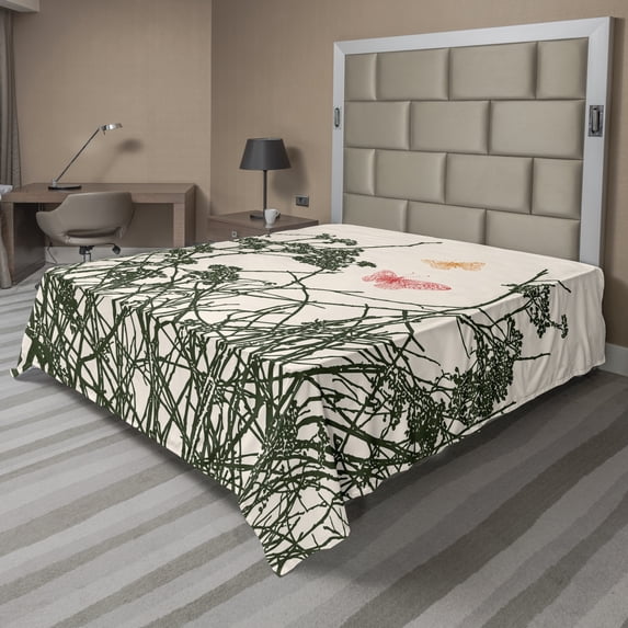 Ambesonne Floral Flat Sheet, Butterflies Herbs Drawing, Full Size, Pale Eggshell Emerald