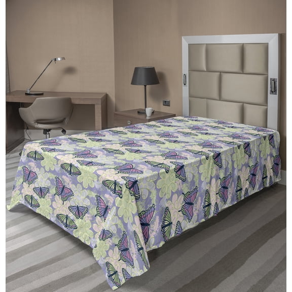 Ambesonne Floral Flat Sheet, Butterflies on Grunge Back, Twin Size, Ceil Blue and Multicolor