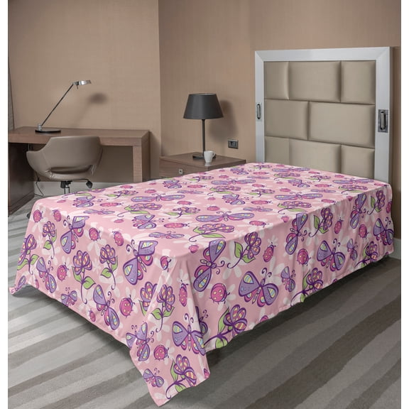 Ambesonne Floral Flat Sheet, Butterfly Cartoon Style, Twin Size, Pale Pink Lavender