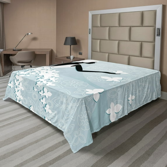 Ambesonne Floral Flat Sheet, Butterfly Dress, King Size, Pale Blue and White