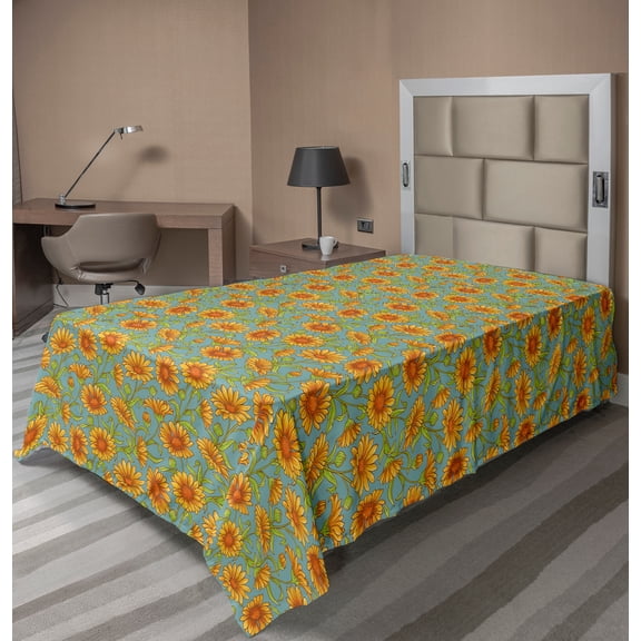 Ambesonne Floral Flat Sheet, Calendula Flowers Cartoon, Twin Size, Pale Teal Orange