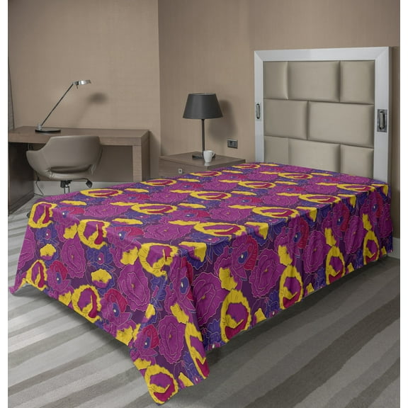 Ambesonne Floral Flat Sheet, Cartoon Cheerful Flowers, TwinXL Size, Multicolor