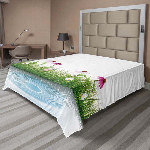 Ambesonne Floral Flat Sheet, Cartoon Flowers by Lake, Queen Size, Multicolor