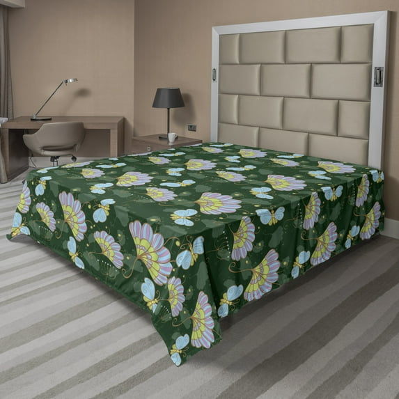 Ambesonne Floral Flat Sheet, Cartoonish Flowers Butterfly, California King, Multicolor