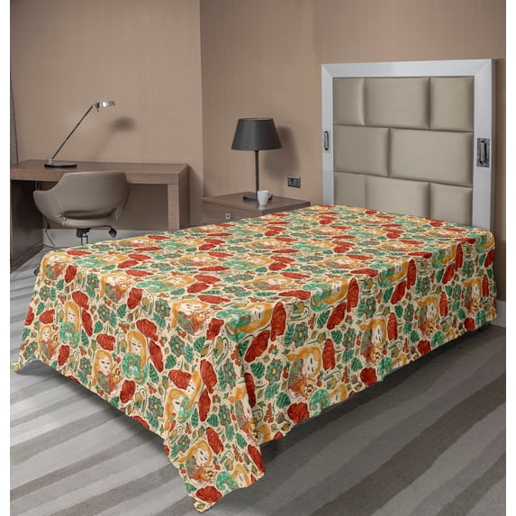 Ambesonne Floral Flat Sheet, Cats and Birds Poppy Huddle, TwinXL Size, Multicolor