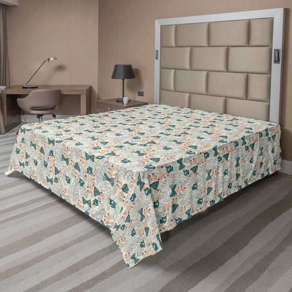 Ambesonne Floral Flat Sheet, Charming Flowers Butterflies, Full Size, Eggshell Dark Seafoam