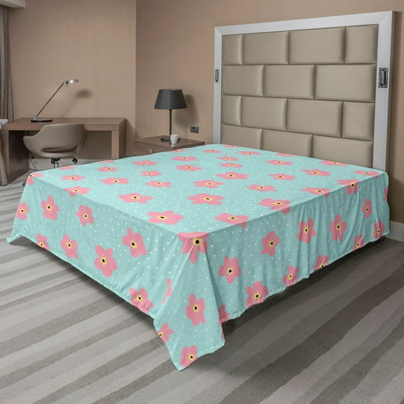 Ambesonne Floral Flat Sheet, Cherry Blossom Flowers, Full Size, Seafoam Pink Pale Orange