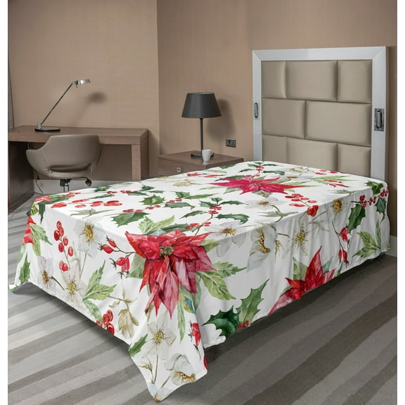 Ambesonne Floral Flat Sheet, Christmas Flowers Buds, TwinXL Size, Pink Green White