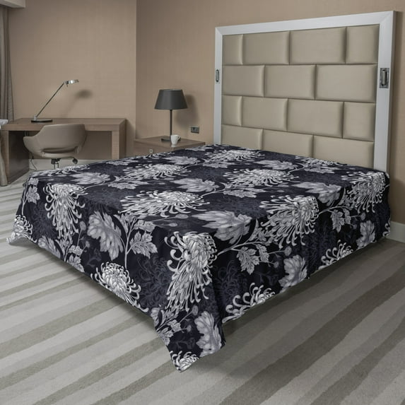 Ambesonne Floral Flat Sheet, Chrysanthemum Blooming, Full Size, Indigo Pale Grey