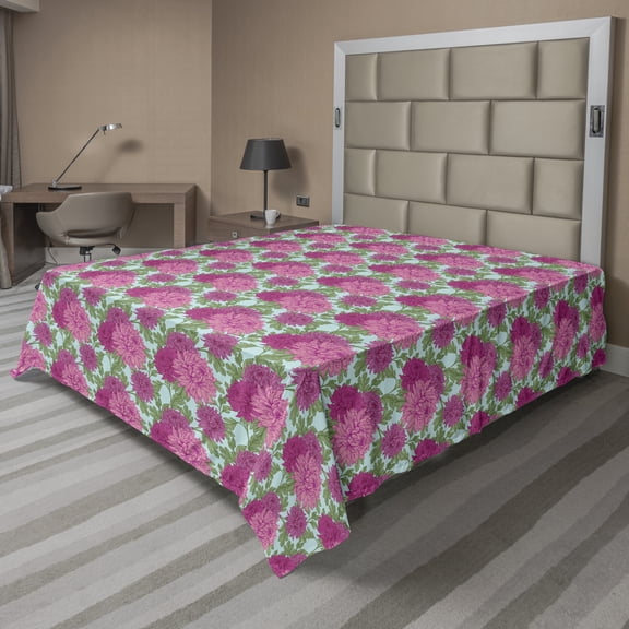 Ambesonne Floral Flat Sheet, Chrysanthemum Leafy Bouquets, Queen Size, Magenta Green Pale Blue