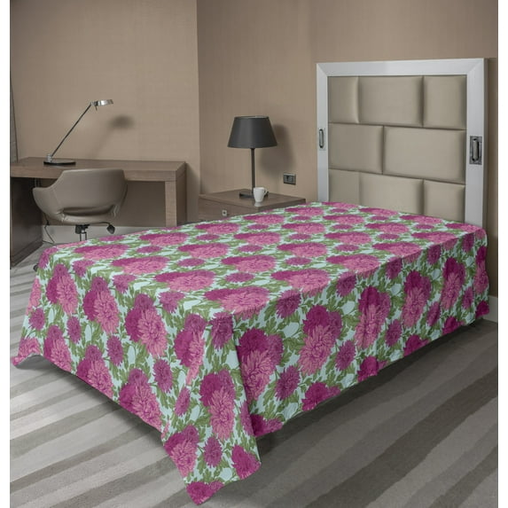 Ambesonne Floral Flat Sheet, Chrysanthemum Leafy Bouquets, TwinXL Size, Magenta Green Pale Blue