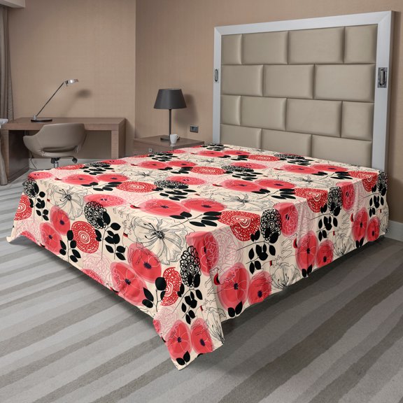 Ambesonne Floral Flat Sheet, Circled Abstract, King Size, Pink and Black