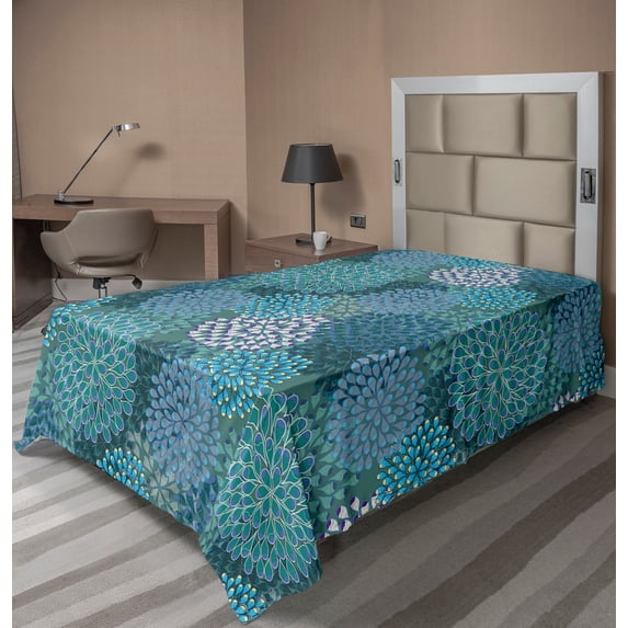Ambesonne Floral Flat Sheet, Clove Petals Vibrant, TwinXL Size, Petrol Blue Teal
