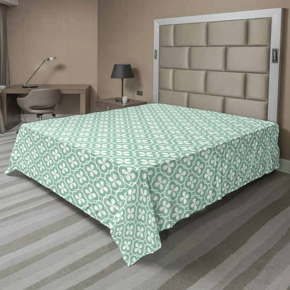 Ambesonne Floral Flat Sheet, Clover Celtic, Queen Size, Turquoise White