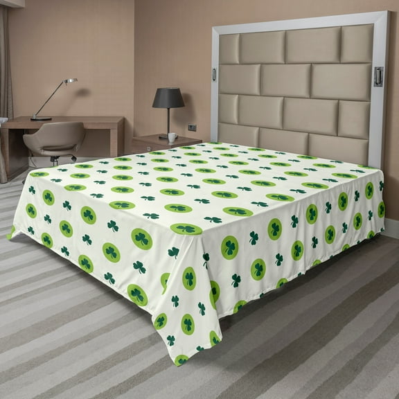 Ambesonne Floral Flat Sheet, Clovers Green Dots Irish, Full Size, Lime Green Dark Green