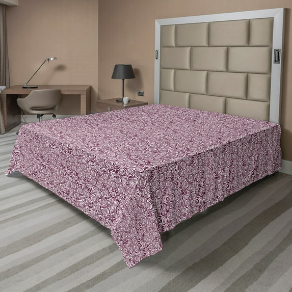 Ambesonne Floral Flat Sheet, Clutter of Roses in Monotone, Full Size, Plum and White