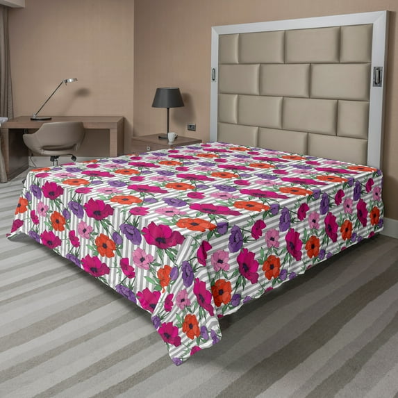 Ambesonne Floral Flat Sheet, Colorful Anemone Flowers, California King, Multicolor