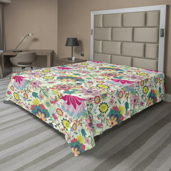 Ambesonne Floral Flat Sheet, Colorful Botanical Patterns, Full Size, Multicolor